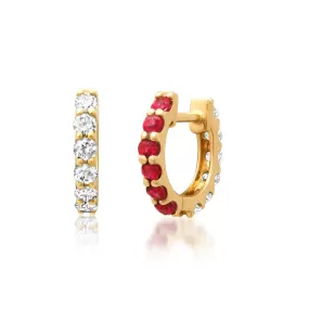 14K Gold Half & Half Ruby & Diamond Huggie Hoops Earrings