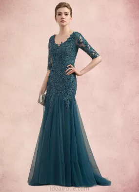 Ansley Trumpet/Mermaid V-neck Sweep Train Tulle Lace Mother of the Bride Dress With Beading Sequins STK126P0014804