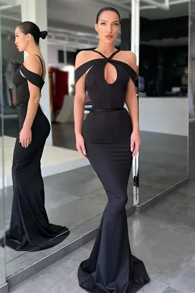 Black Long Off The Shoulder Halter Mermaid Prom Dresses