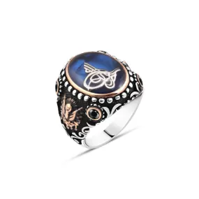 Blue Enameled Ottoman Tughra Ellipse Silver Men's Ring Siding Coat of Arms and Zircon Stones