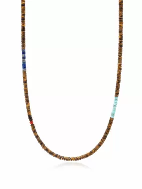 Brown Tiger Eye Heishi Necklace with Blue Lapis and Turquoise