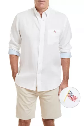 Castaway Chase Shirt Long Sleeve White Linen W/ American Flag