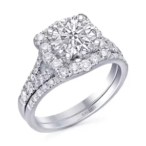 Kallati Eternal Cushion Halo Diamond Engagement Ring With Matching Band in 14K White Gold