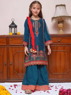 Kids Teal Embroidered Organza 3-Piece Gharara Suit