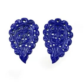 LAPIS LAZULI Gemstone Carving : 53.55cts Natural Untreated Blue Lapis Hand Carved Leaves 36*23.5mm Pair