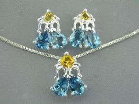 London Blue Topaz Citrine Pendant Earrings Set Sterling Silver 5.90 Carats