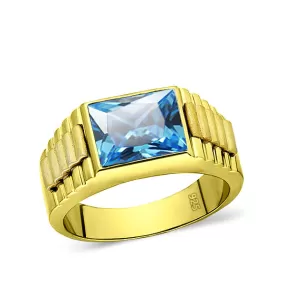 Mens Solid 18K Gold Plated Blue Topaz Gemstone Ring 2 Natural Diamond Accents