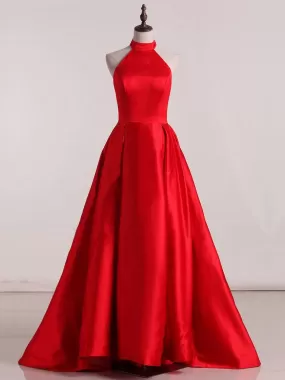 Red Satin Prom Dress Cheap A Line Long Halter African Prom Dress #ER563